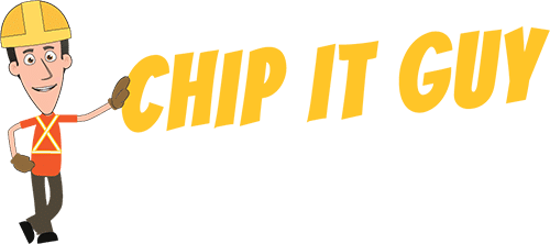 chip it guy logo. cartoon chip it guy leaning on the words chip it guy