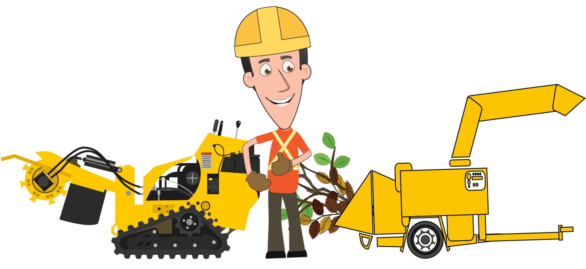 comic book character of chip it guy with a stump grinder and a brush chipper