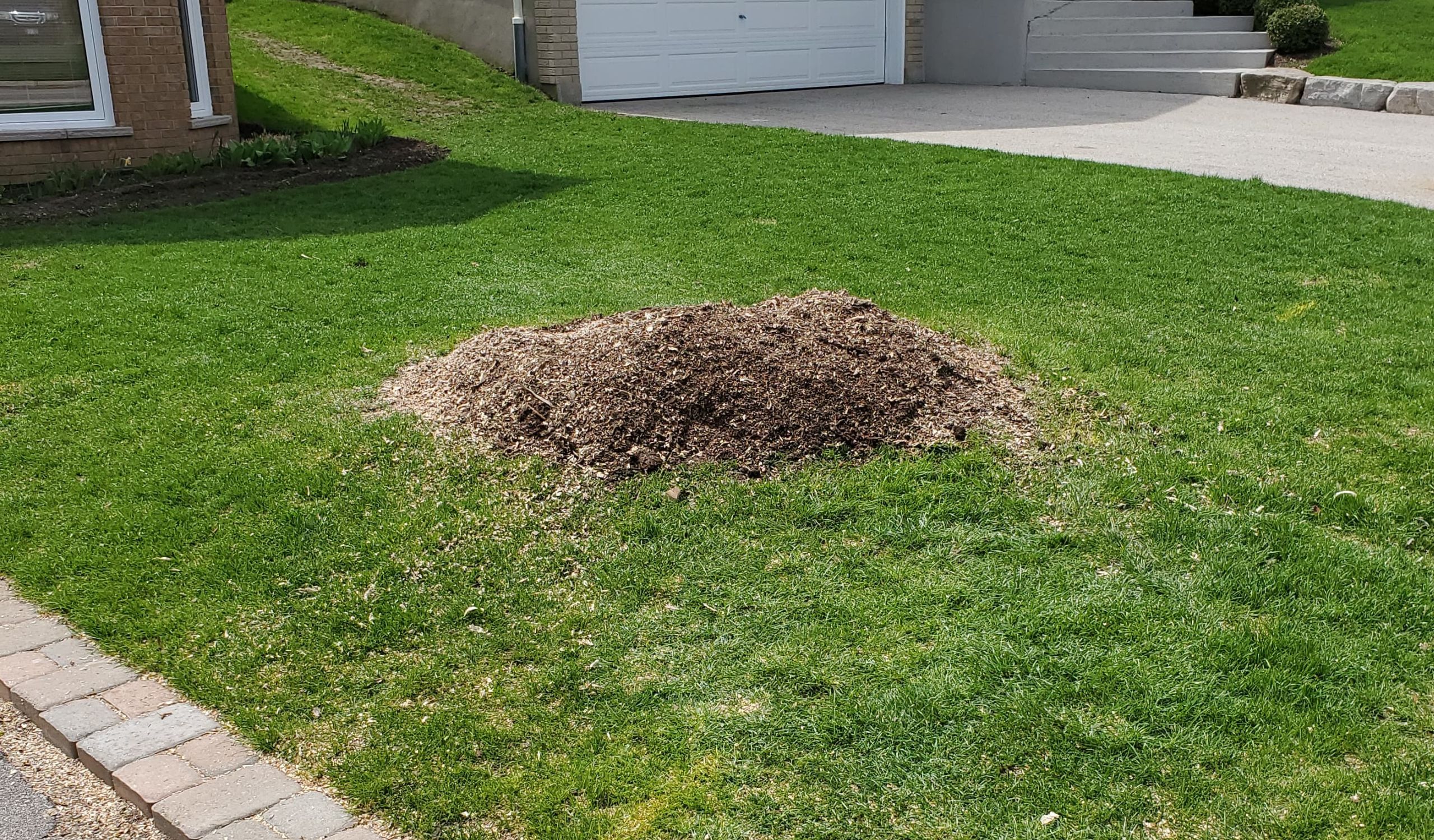 Pile of mulch on suburban front lawn
